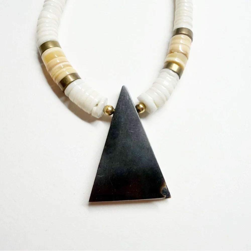 Vintage Puka Shell Abalone Inlay Triangle Pendant Necklace